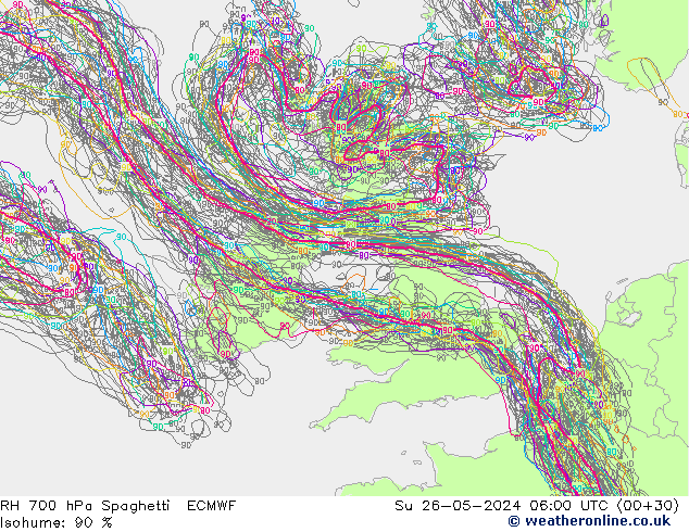 RH 700 hPa Spaghetti ECMWF  26.05.2024 06 UTC