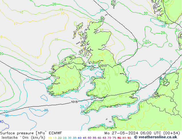 Isotachs (kph) ECMWF Mo 27.05.2024 06 UTC