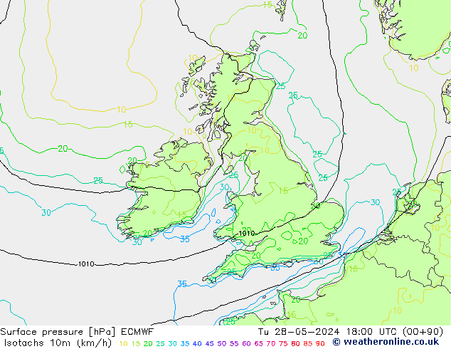 Isotachen (km/h) ECMWF di 28.05.2024 18 UTC