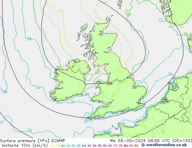 Isotachs (kph) ECMWF We 29.05.2024 06 UTC