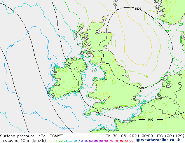 Isotachs (kph) ECMWF gio 30.05.2024 00 UTC