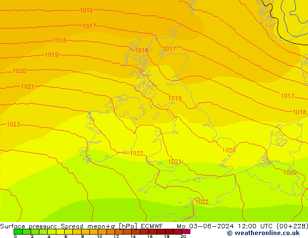 Surface pressure Spread ECMWF Mo 03.06.2024 12 UTC