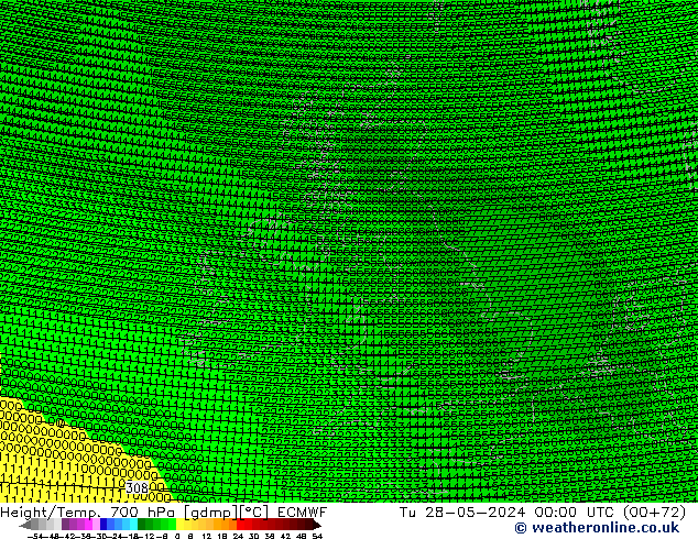 Height/Temp. 700 hPa ECMWF Út 28.05.2024 00 UTC