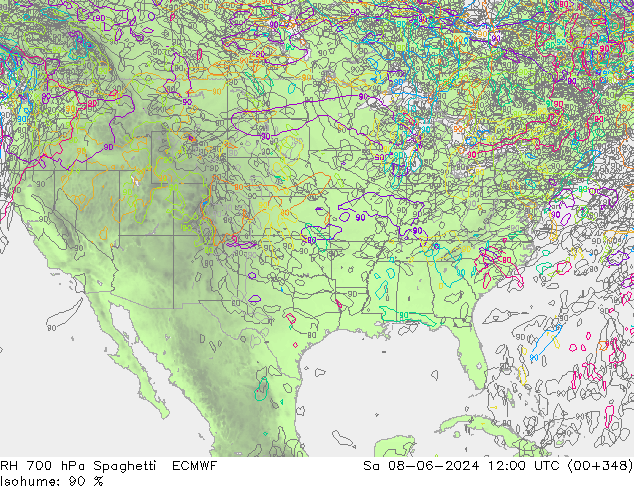 Humidité rel. 700 hPa Spaghetti ECMWF sam 08.06.2024 12 UTC