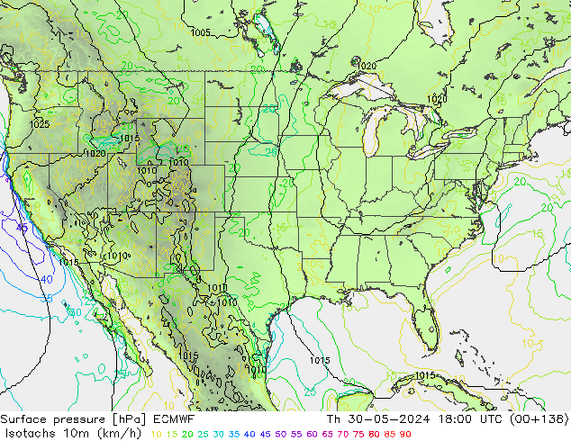 Isotachs (kph) ECMWF Čt 30.05.2024 18 UTC