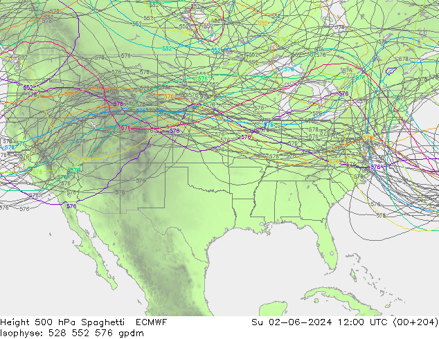 Height 500 hPa Spaghetti ECMWF Su 02.06.2024 12 UTC