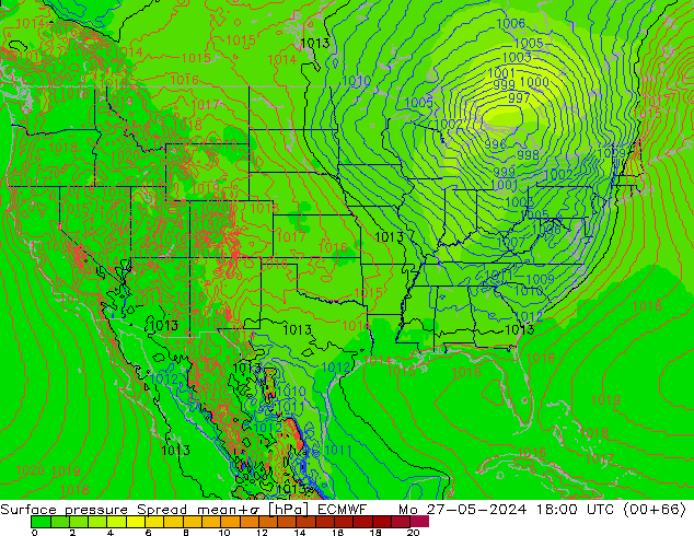 Luchtdruk op zeeniveau Spread ECMWF ma 27.05.2024 18 UTC