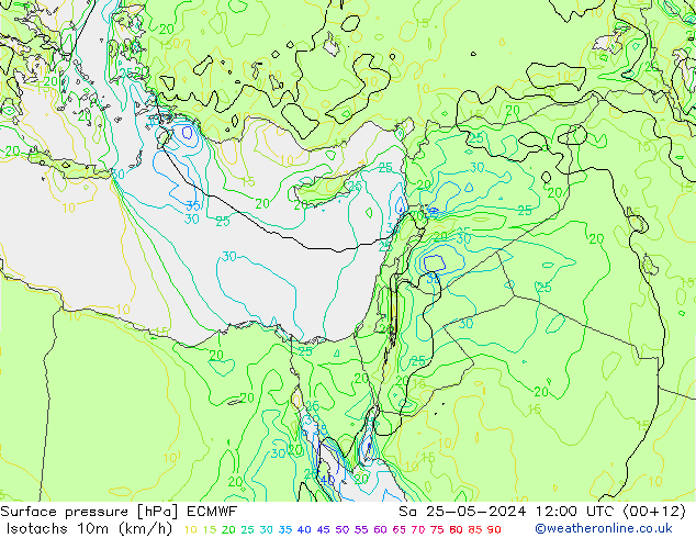 Izotacha (km/godz) ECMWF so. 25.05.2024 12 UTC