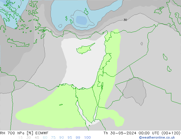 Humedad rel. 700hPa ECMWF jue 30.05.2024 00 UTC