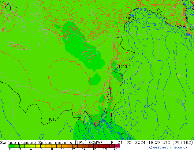 Luchtdruk op zeeniveau Spread ECMWF vr 31.05.2024 18 UTC