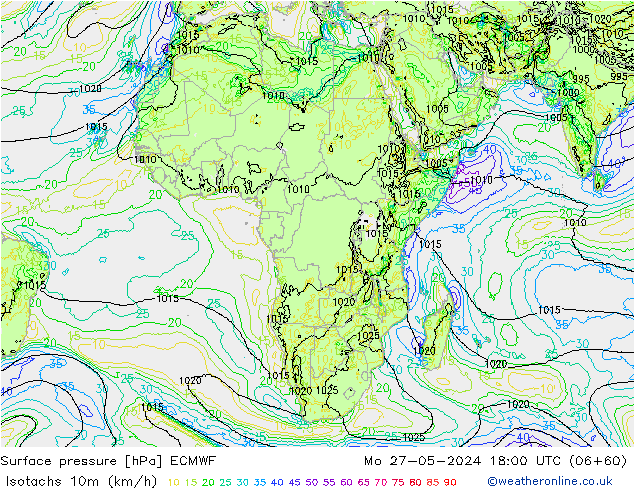 Isotachen (km/h) ECMWF ma 27.05.2024 18 UTC