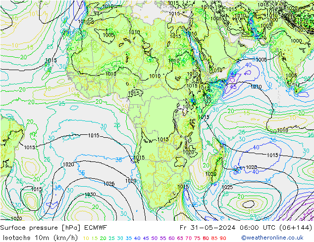 Izotacha (km/godz) ECMWF pt. 31.05.2024 06 UTC