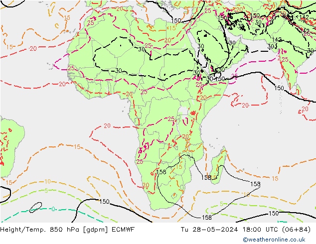 Yükseklik/Sıc. 850 hPa ECMWF Sa 28.05.2024 18 UTC