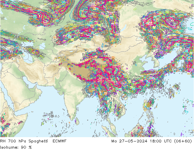 RH 700 hPa Spaghetti ECMWF Mo 27.05.2024 18 UTC