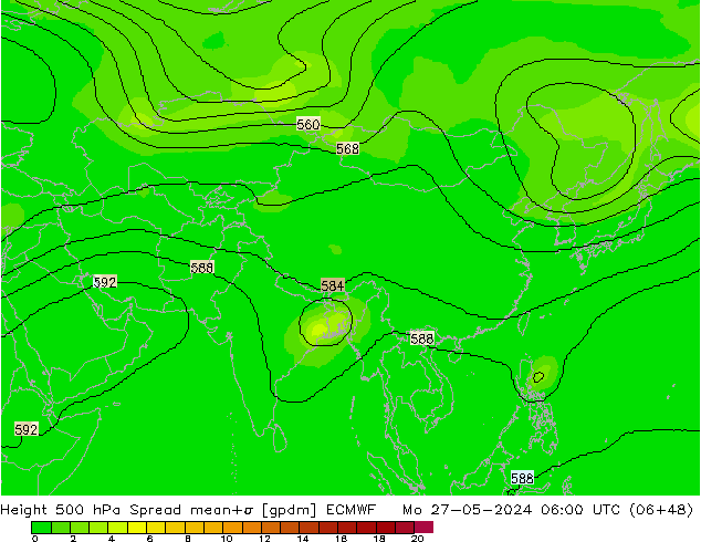 Height 500 гПа Spread ECMWF пн 27.05.2024 06 UTC