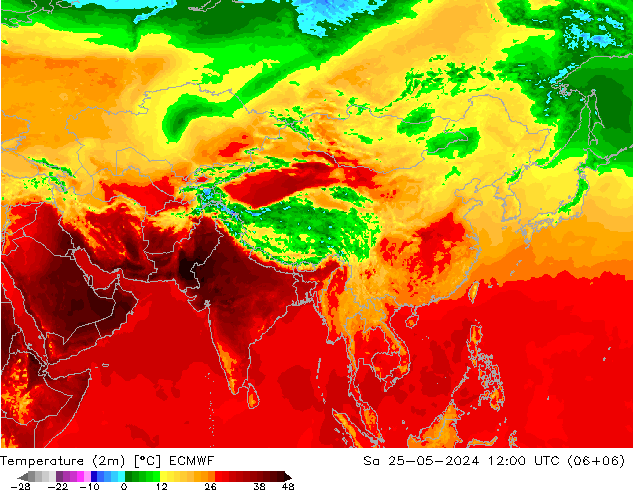 mapa temperatury (2m) ECMWF so. 25.05.2024 12 UTC