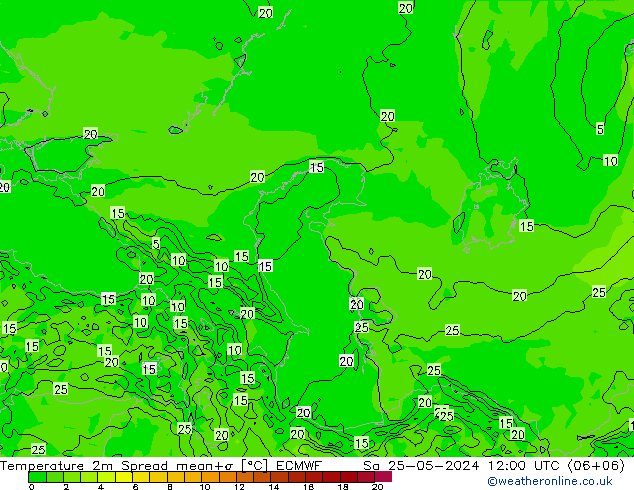 Temperature 2m Spread ECMWF Sa 25.05.2024 12 UTC