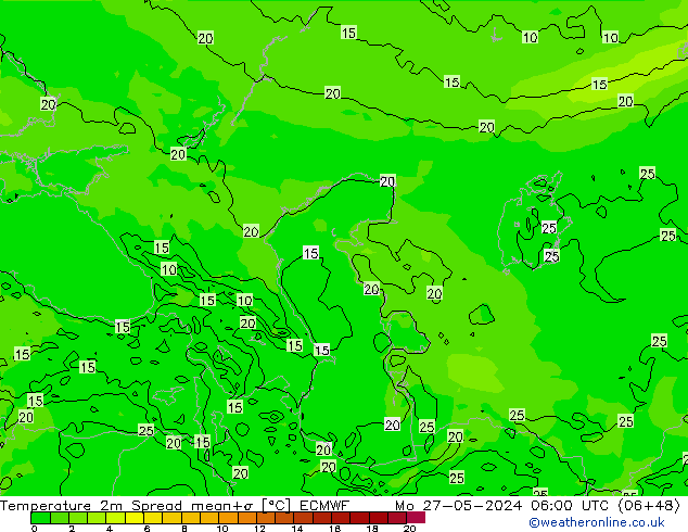 température 2m Spread ECMWF lun 27.05.2024 06 UTC