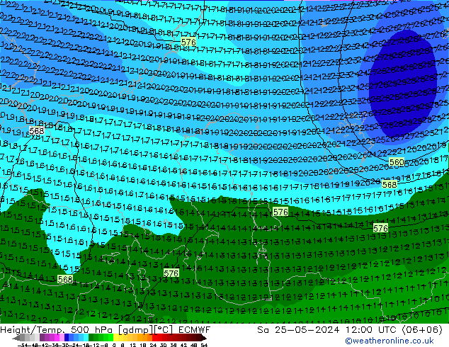 Height/Temp. 500 hPa ECMWF Sa 25.05.2024 12 UTC