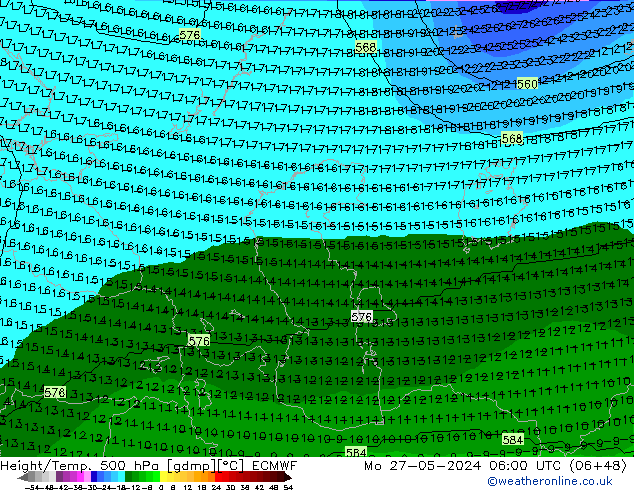 Height/Temp. 500 hPa ECMWF Mo 27.05.2024 06 UTC