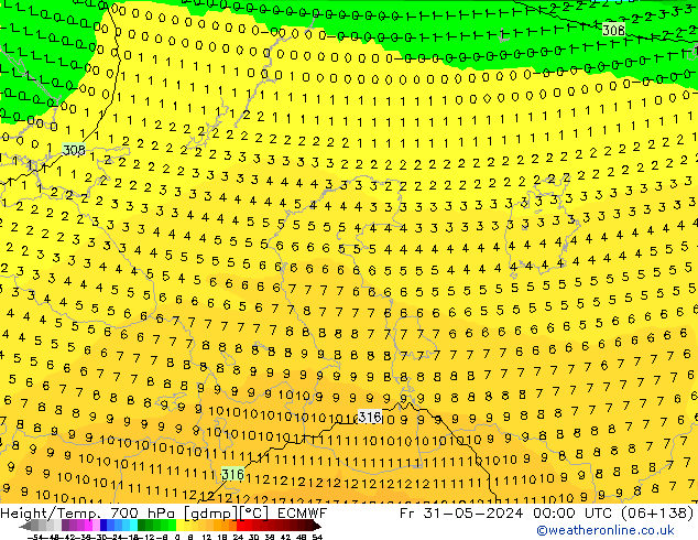 Height/Temp. 700 hPa ECMWF Fr 31.05.2024 00 UTC