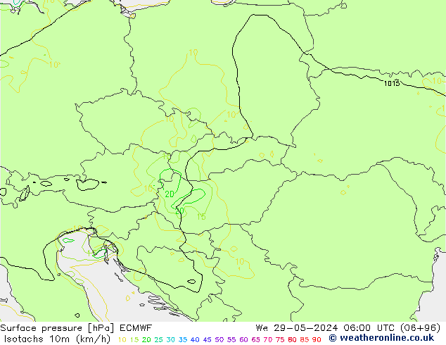 Isotaca (kph) ECMWF mié 29.05.2024 06 UTC