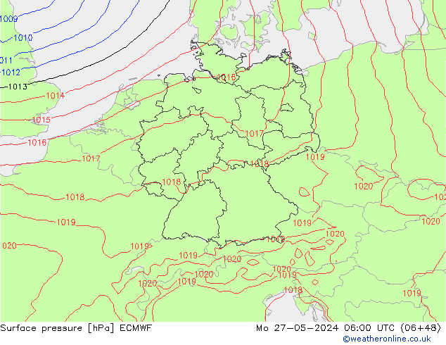 Presión superficial ECMWF lun 27.05.2024 06 UTC