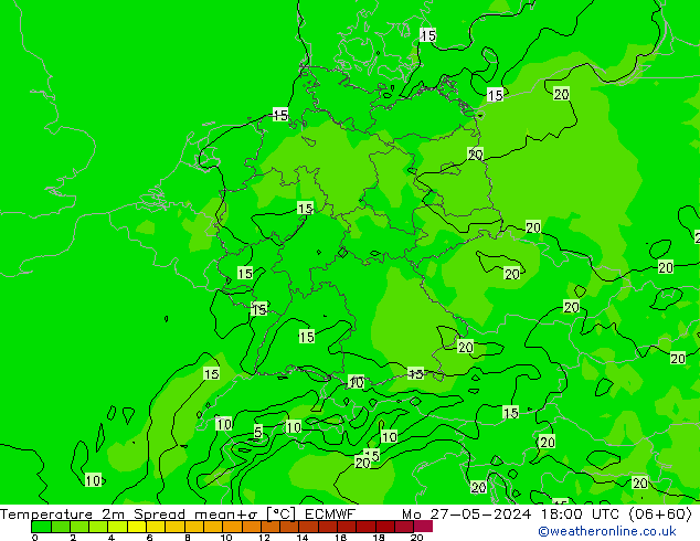 température 2m Spread ECMWF lun 27.05.2024 18 UTC