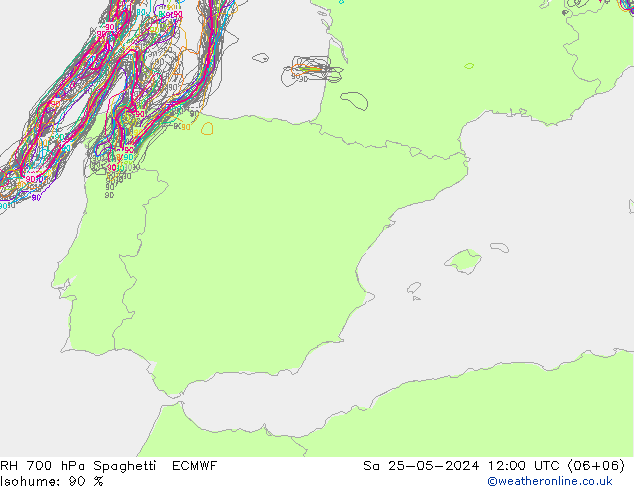 RH 700 hPa Spaghetti ECMWF Sa 25.05.2024 12 UTC