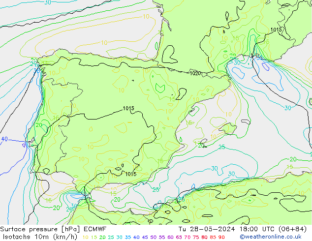 Izotacha (km/godz) ECMWF wto. 28.05.2024 18 UTC