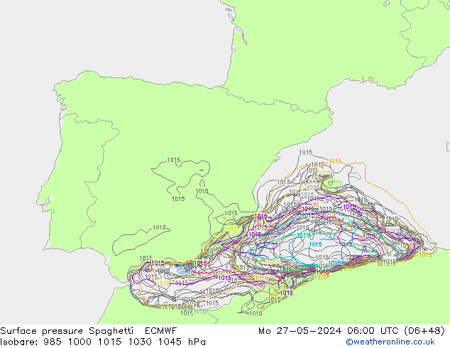 Presión superficial Spaghetti ECMWF lun 27.05.2024 06 UTC