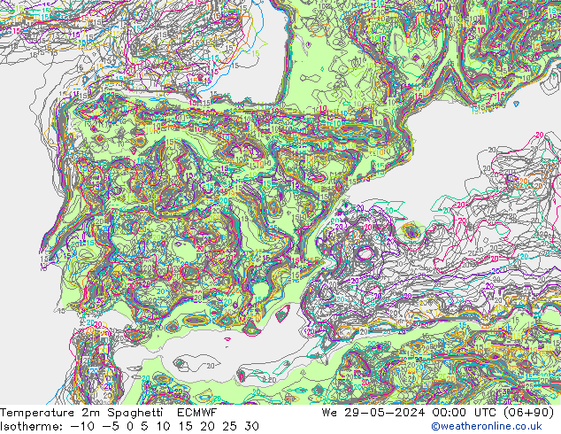 Temperatura 2m Spaghetti ECMWF Qua 29.05.2024 00 UTC