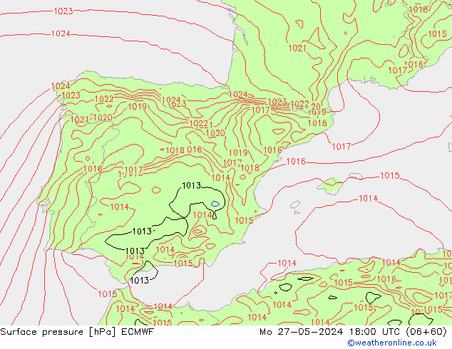 Presión superficial ECMWF lun 27.05.2024 18 UTC