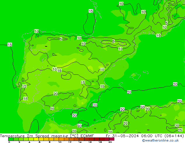 Temperatuurkaart Spread ECMWF vr 31.05.2024 06 UTC