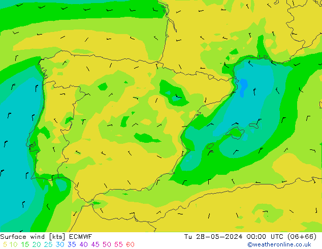 wiatr 10 m ECMWF wto. 28.05.2024 00 UTC