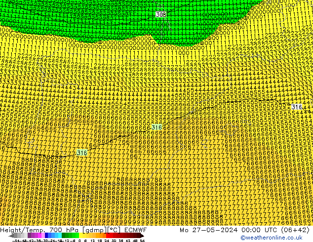 Height/Temp. 700 гПа ECMWF пн 27.05.2024 00 UTC