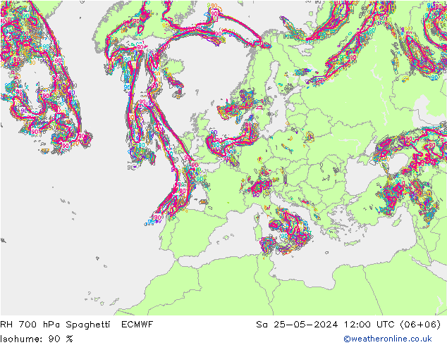 RH 700 hPa Spaghetti ECMWF Sa 25.05.2024 12 UTC