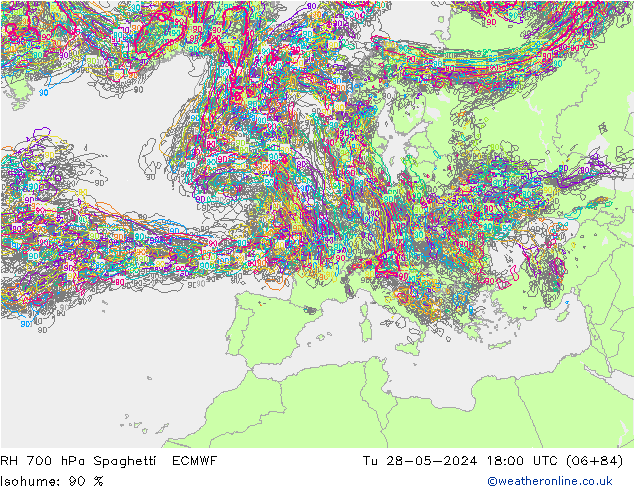 RH 700 hPa Spaghetti ECMWF Di 28.05.2024 18 UTC