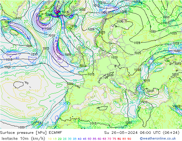 Isotachs (kph) ECMWF Ne 26.05.2024 06 UTC