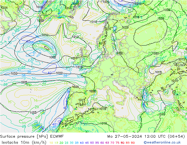 Isotachs (kph) ECMWF  27.05.2024 12 UTC