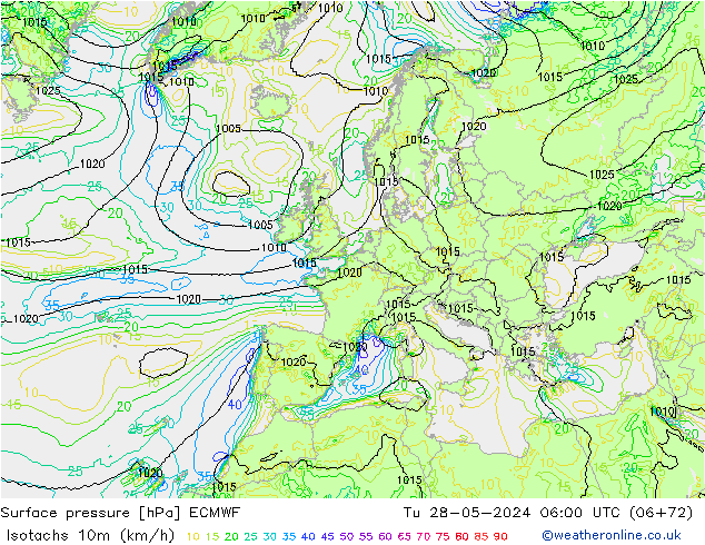 Isotachen (km/h) ECMWF Di 28.05.2024 06 UTC