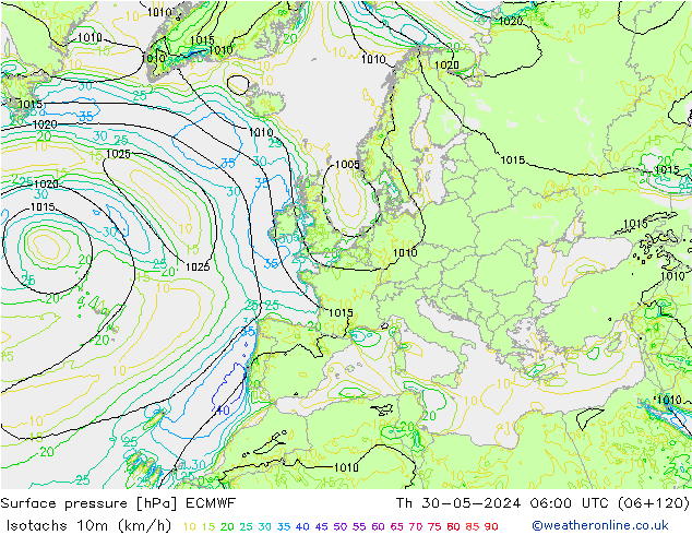 Isotachen (km/h) ECMWF Do 30.05.2024 06 UTC