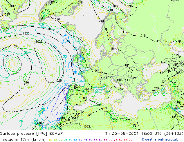 Isotachs (kph) ECMWF gio 30.05.2024 18 UTC