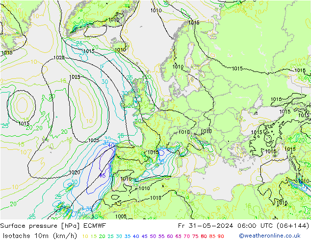 Isotachs (kph) ECMWF  31.05.2024 06 UTC