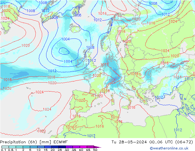 Precipitation (6h) ECMWF Út 28.05.2024 06 UTC