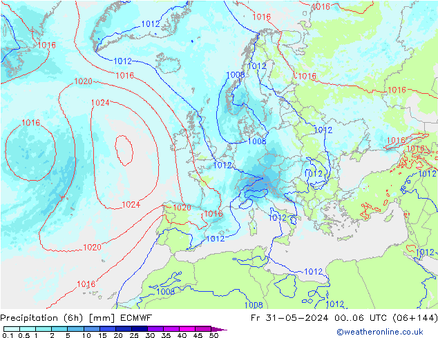 Totale neerslag (6h) ECMWF vr 31.05.2024 06 UTC