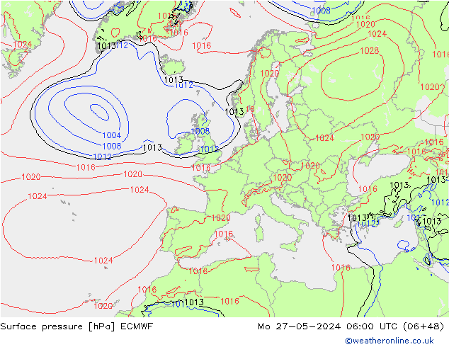 Presión superficial ECMWF lun 27.05.2024 06 UTC