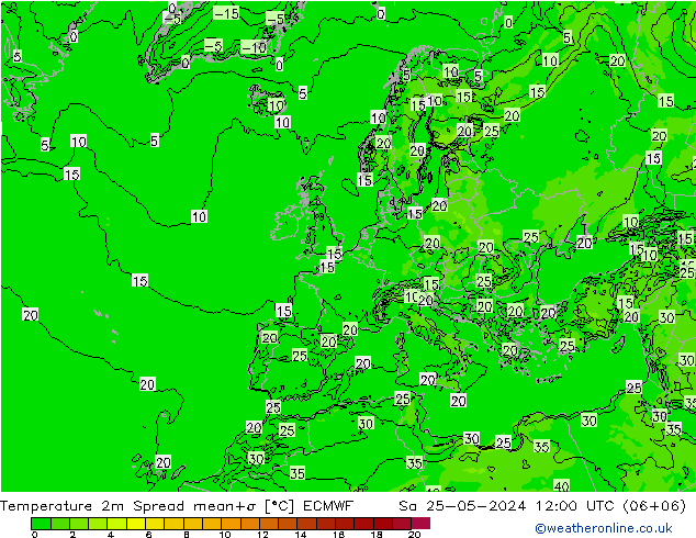 карта температуры Spread ECMWF сб 25.05.2024 12 UTC