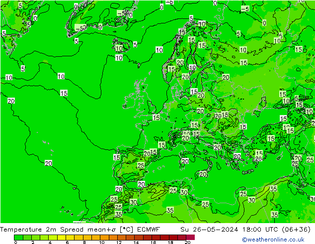 Temperature 2m Spread ECMWF Su 26.05.2024 18 UTC