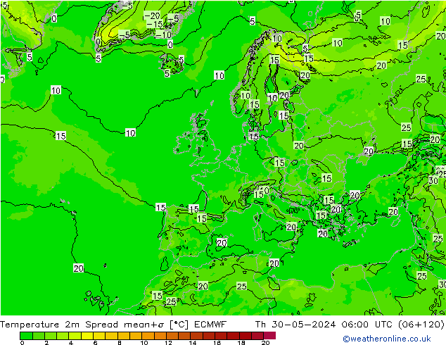 Temperature 2m Spread ECMWF Th 30.05.2024 06 UTC